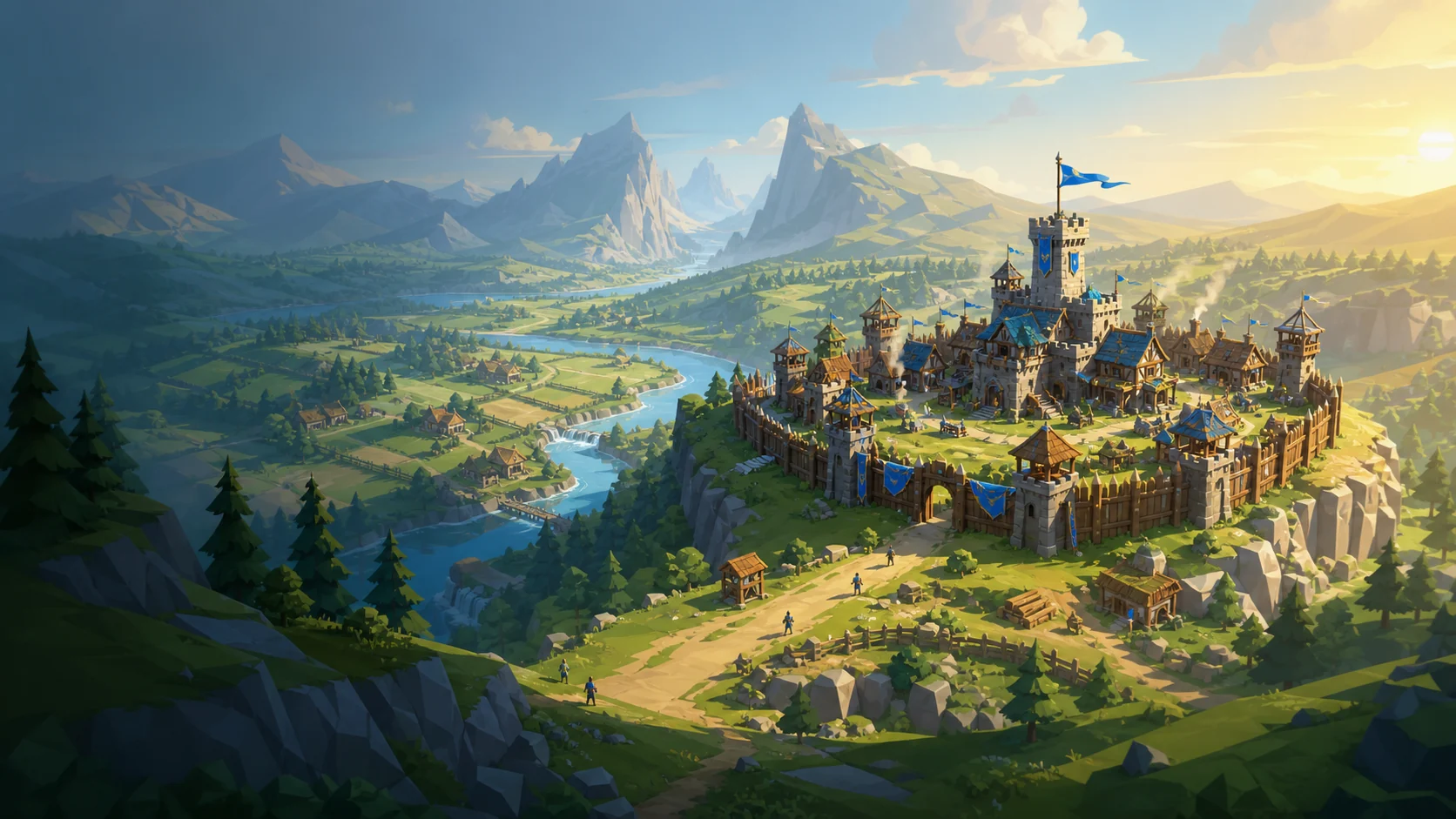 A sunlit frontier valley with a fortified settlement, winding river, distant mountains, and blue banners